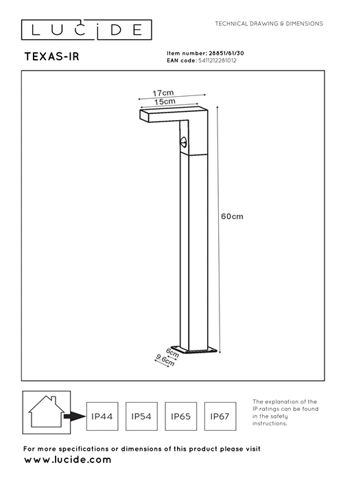 Lucide TEXAS-IR - Sokkellamp - LED - 1x7W 3000K - IP54 - Beweging & dag/nacht sensor (uitschakelbaar) - Antraciet - technisch